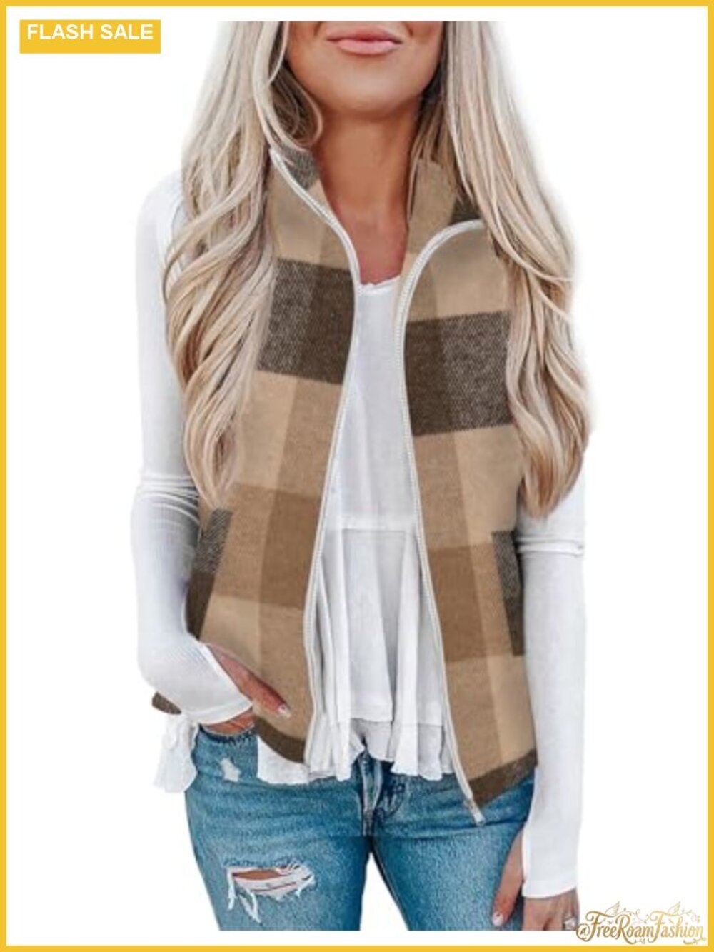 Plaid Zip Up Sleeveless Outerwear Vest with Pockets